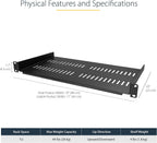 StarTech 2-Pack 1U Server Rack Shelf, Vented Rackmount Cantilever Tray for 19" Network Rack or Cabinet, Heavy-Duty 10" (25cm) Deep, Up to 44lb (20kg) Each