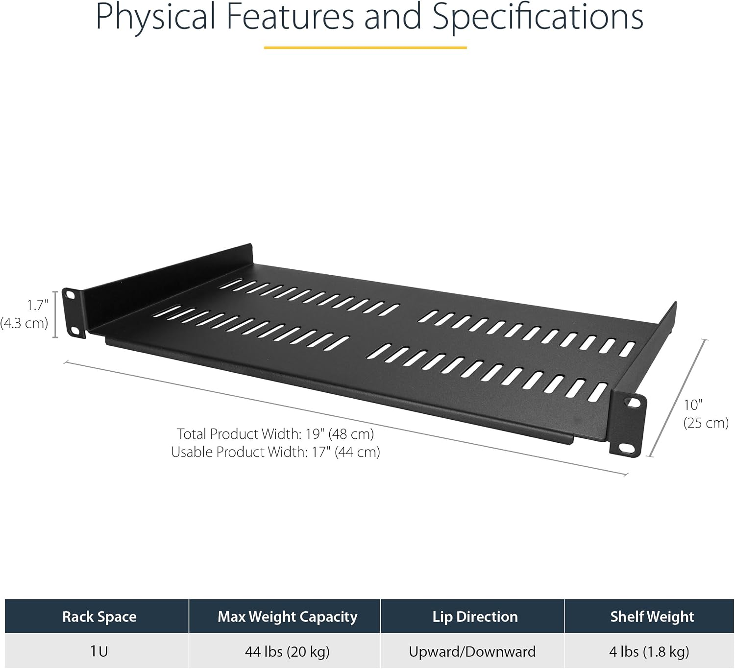 StarTech 2-Pack 1U Server Rack Shelf, Vented Rackmount Cantilever Tray for 19" Network Rack or Cabinet, Heavy-Duty 10" (25cm) Deep, Up to 44lb (20kg) Each