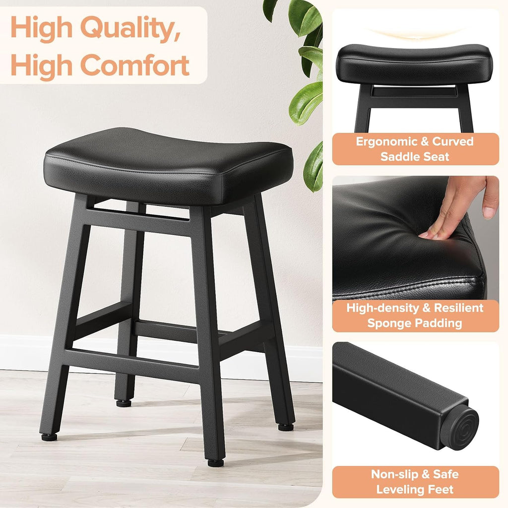 Raynesys 24 Inche Bonded Leather Counter Height Bar Stools Set of 2 Curved | Barstools with Curved Bonded Leather Seats & Heavy Duty Metal Legs for Kitchen Counter, Easy Assembly, All Black