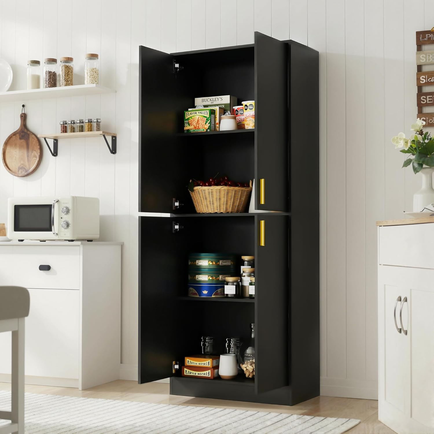 Cozy Castle Kitchen Pantry Cabinet, 71" Tall Wood Storage Cabinet with Doors and Shelves 4 Doors Freestanding Cupboard for Dining Room Living Room Furniture, Black | Wood Storage Cabinet