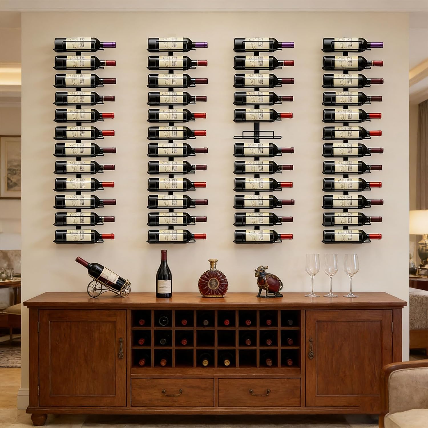 Wall Mount Wine Rack – 24 Bottles – Black Metal Wine Bottle Holder for Wall, Wine Rack Display for Home Bar, Kitchen