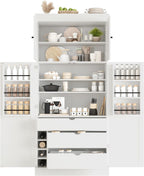 Large Freestanding Kitchen Pantry Cabinet, Cupboard Storage Cabinet with Adjustable Shelves, Door Shelves, Drawers and Wine Racks for Kitchen, Dining Room (White)