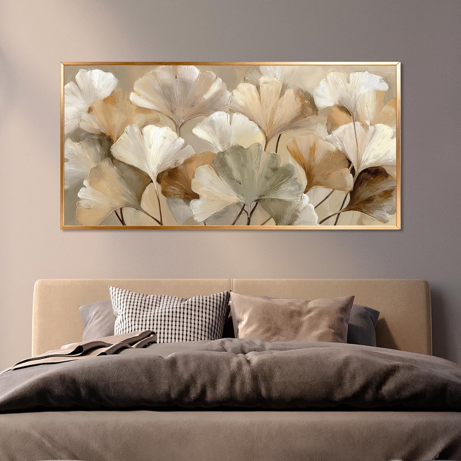 Azatyam Ginkgo Leaf Wall Art Frame Neutral Beige Floral Decor Botanical Nature Picture Ginkgo Leaves Canvas Prints for Living Room Bedroom Office Dining Large Brown Grey Yellow Metal Frame Art 24" x 46"