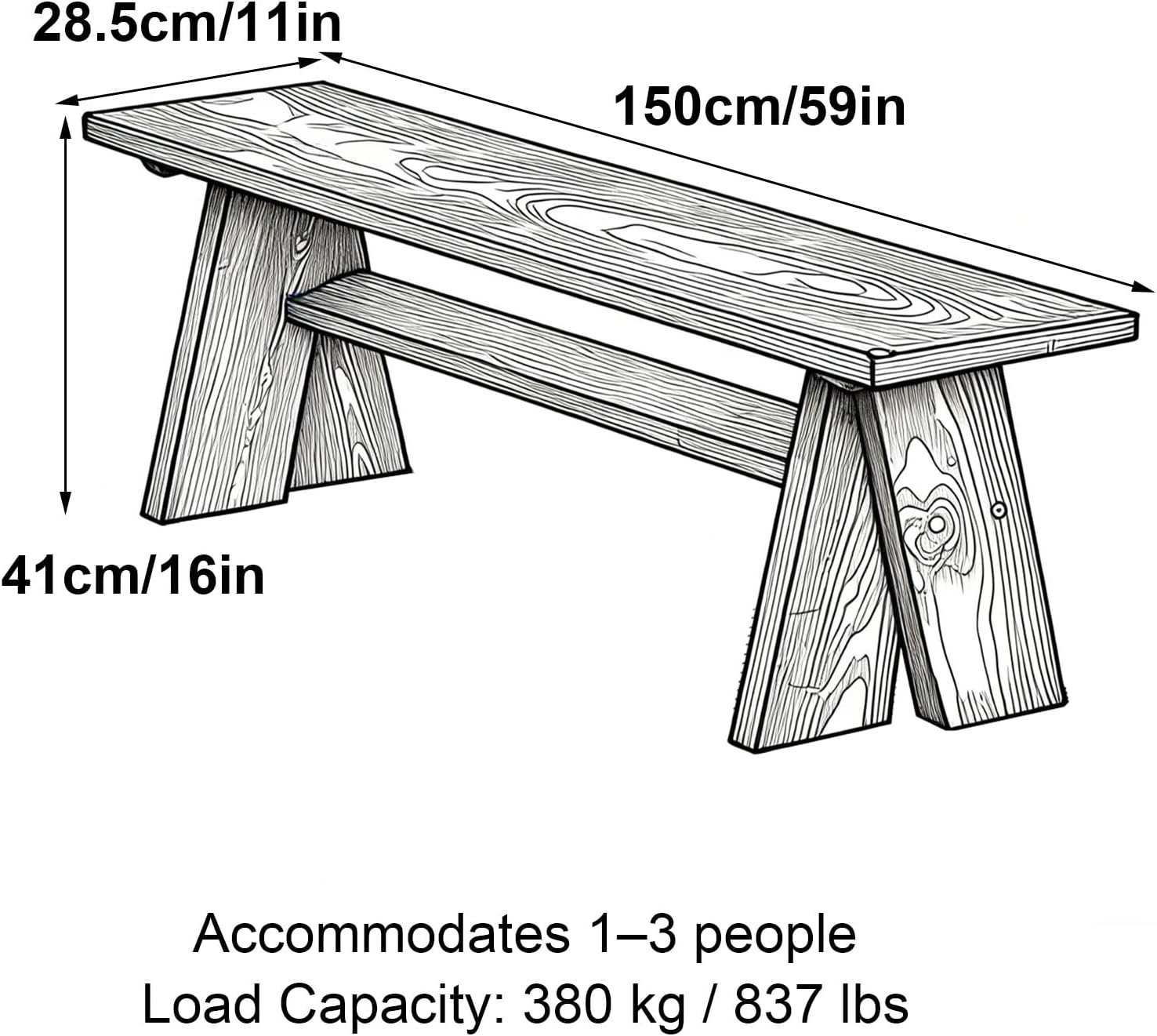 Outdoor Wooden Bench, 16in High Outdoor Garden Bench, 837lbs Load Capacity, Suitable for Patios, Porches, Dining Rooms, Brown(150x41x28.5cm/59x16x11in)