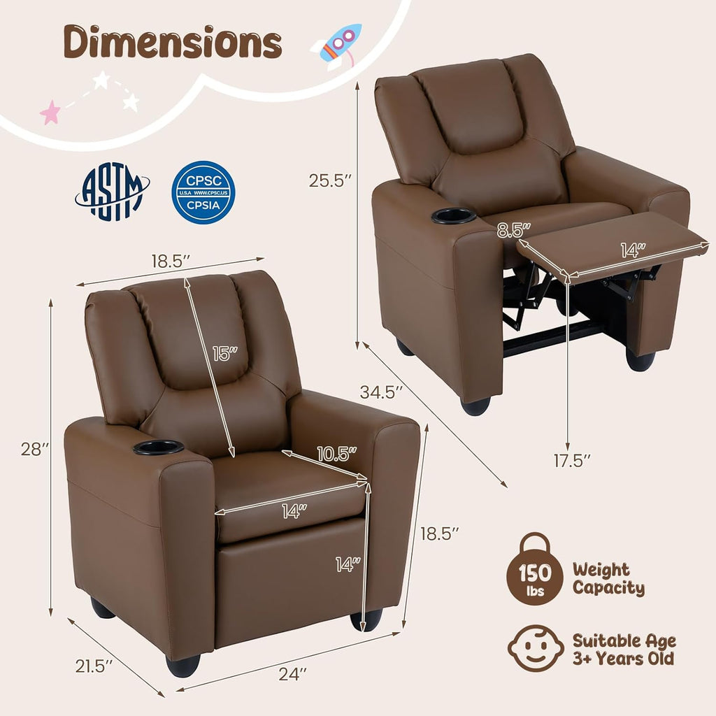 HONEY JOY Kids Recliner, 2-in-1 Toddler Armrest Sofa Couch with Cup Holders, Adjustable Footrest, PU Leather, Child-Size Recliner Chair for Boys Girls Age 3+ (Brown)