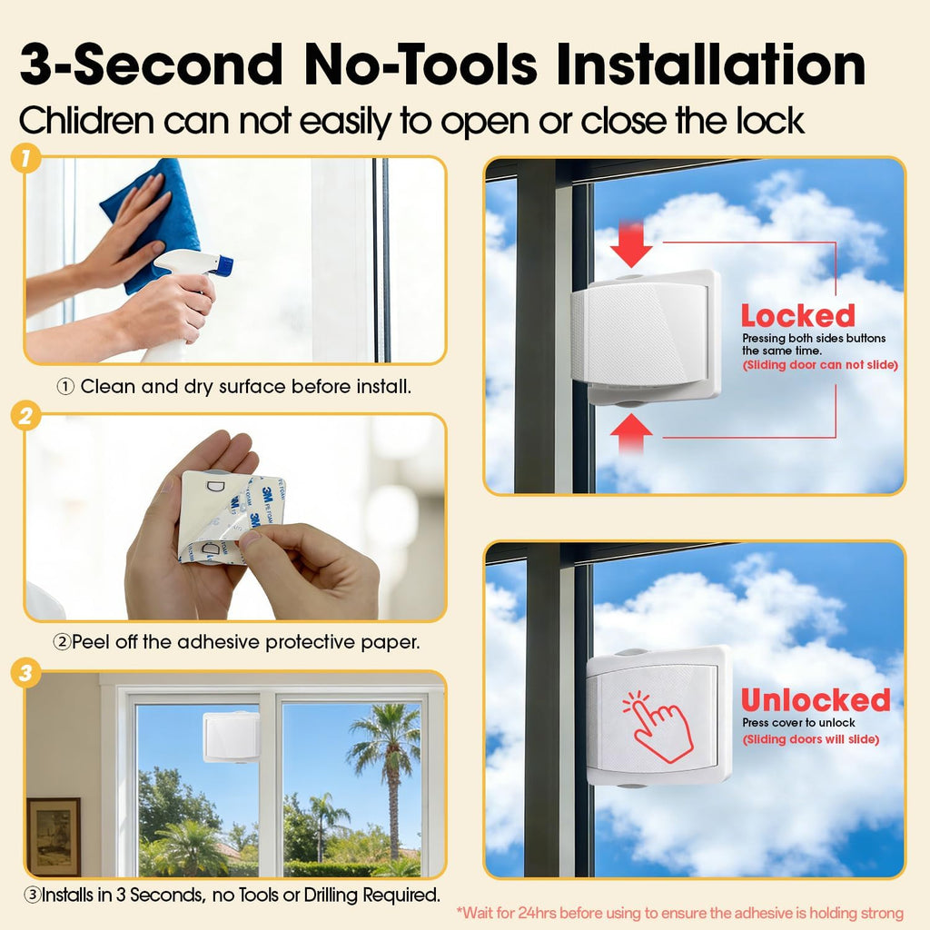 Sliding Door Child Safety Lock: 2-Pack for Glass/Patio Doors, Windows & Closets, 3-Second No-Tools Installation, Durable Childproof Security Lock for Lasting Protection - Baby to Kid Safety Age 0-4