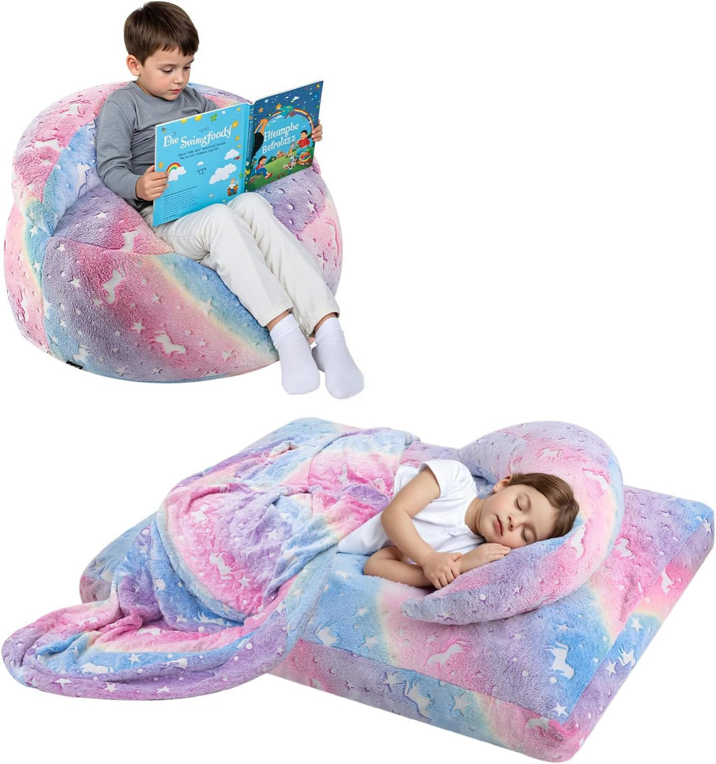 COMAX Bean Bag Chair for Kids, Unicorn Convertible Toddler Beanbag Bed, Children Bean Chair Stuffed to Floor Mattress with Filler, Colorful Rainbow