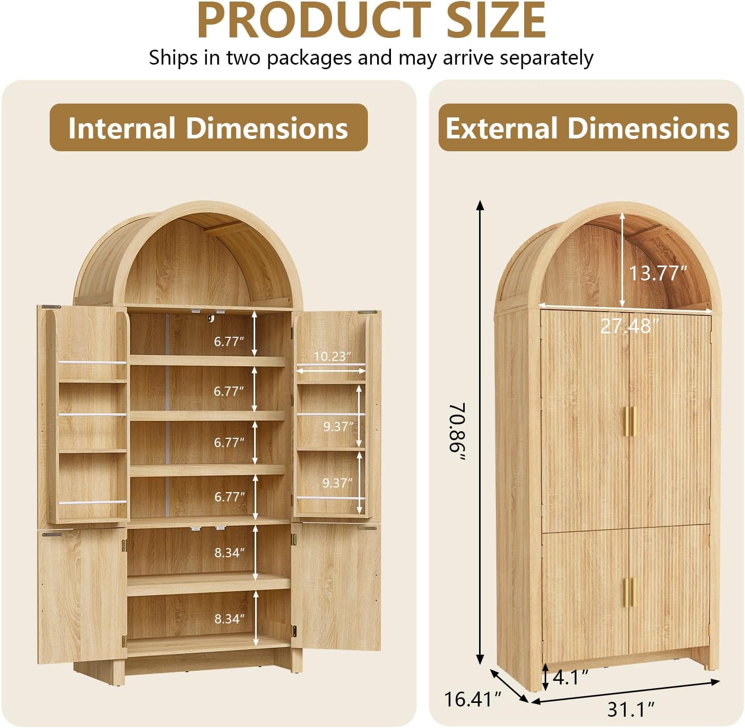 Arched Cabinet, 71" Tall Arched Kitchen Pantry Storage Cabinet with Doors, Modern Fluted Kitchen Storage Cabinet with Adjustable Shelves, Natural Cupboard for Kitchen, Dining Room, Bathroom