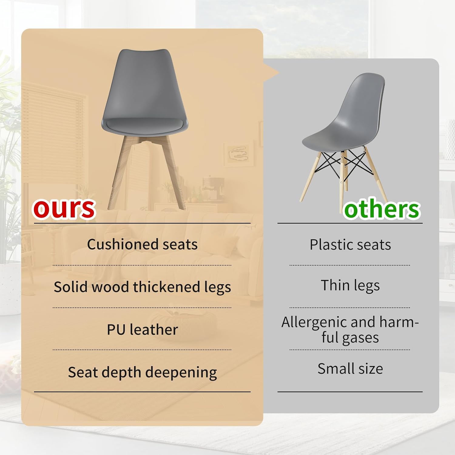 SHGJ&SOFT Modern Dining Chair Set of 4, PU Leather Kitchen Chair with high Back, Tulip Chair with Solid Wood Legs with Cushion and Back Cushion for Living Room Bedroom Dining Room (Gray, 4 PC)