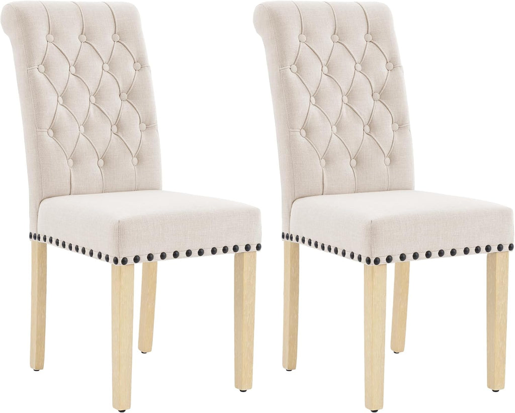 adochr Linen Fabric Dining Chairs Set of 2, Upholstered Dining Room Chair with Wooden Legs, Armless Parsons Chairs for Kitchen/Dining Room/Living Room, Beige