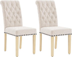 adochr Linen Fabric Dining Chairs Set of 2, Upholstered Dining Room Chair with Wooden Legs, Armless Parsons Chairs for Kitchen/Dining Room/Living Room, Beige