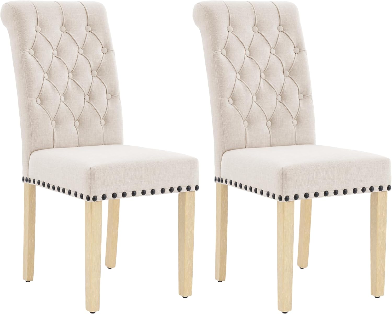 adochr Linen Fabric Dining Chairs Set of 2, Upholstered Dining Room Chair with Wooden Legs, Armless Parsons Chairs for Kitchen/Dining Room/Living Room, Beige