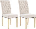 adochr Linen Fabric Dining Chairs Set of 2, Upholstered Dining Room Chair with Wooden Legs, Armless Parsons Chairs for Kitchen/Dining Room/Living Room, Beige