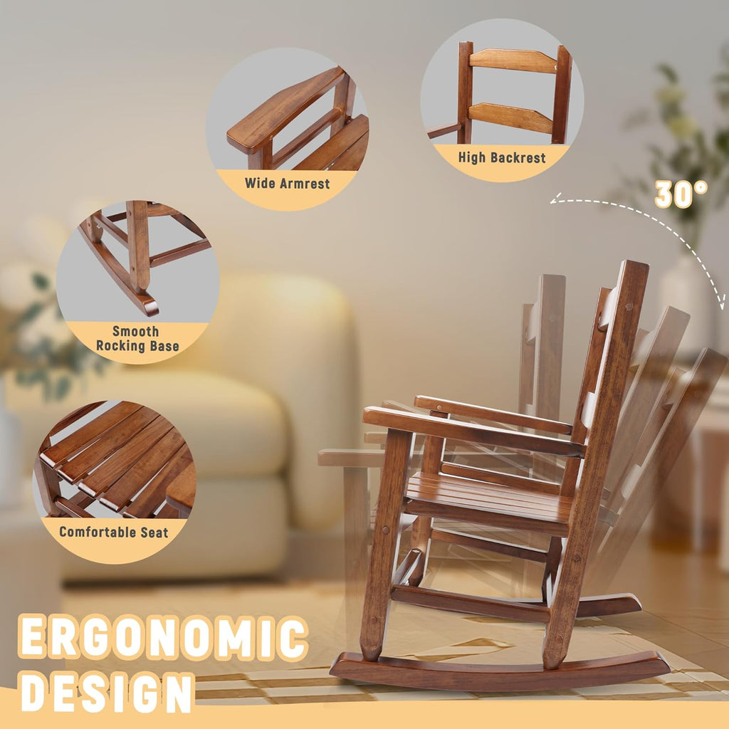 Kids Rocking Chair Toddler Wooden Indoor for Child Comfy Recliner Rocker for Baby Ages 3-6 Outdoor Lounge Children Playroom Anti-Tip Design Safe & Sturdy Brown