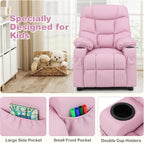 Kids Recliner, Kids Recliner Chair w/ 2 Cup Holders, PU Leather Chairs Comfy w/Adjustable Backrest & 3 Pockets, Toddler Furniture Sofa for Boys Girls Aged 3+