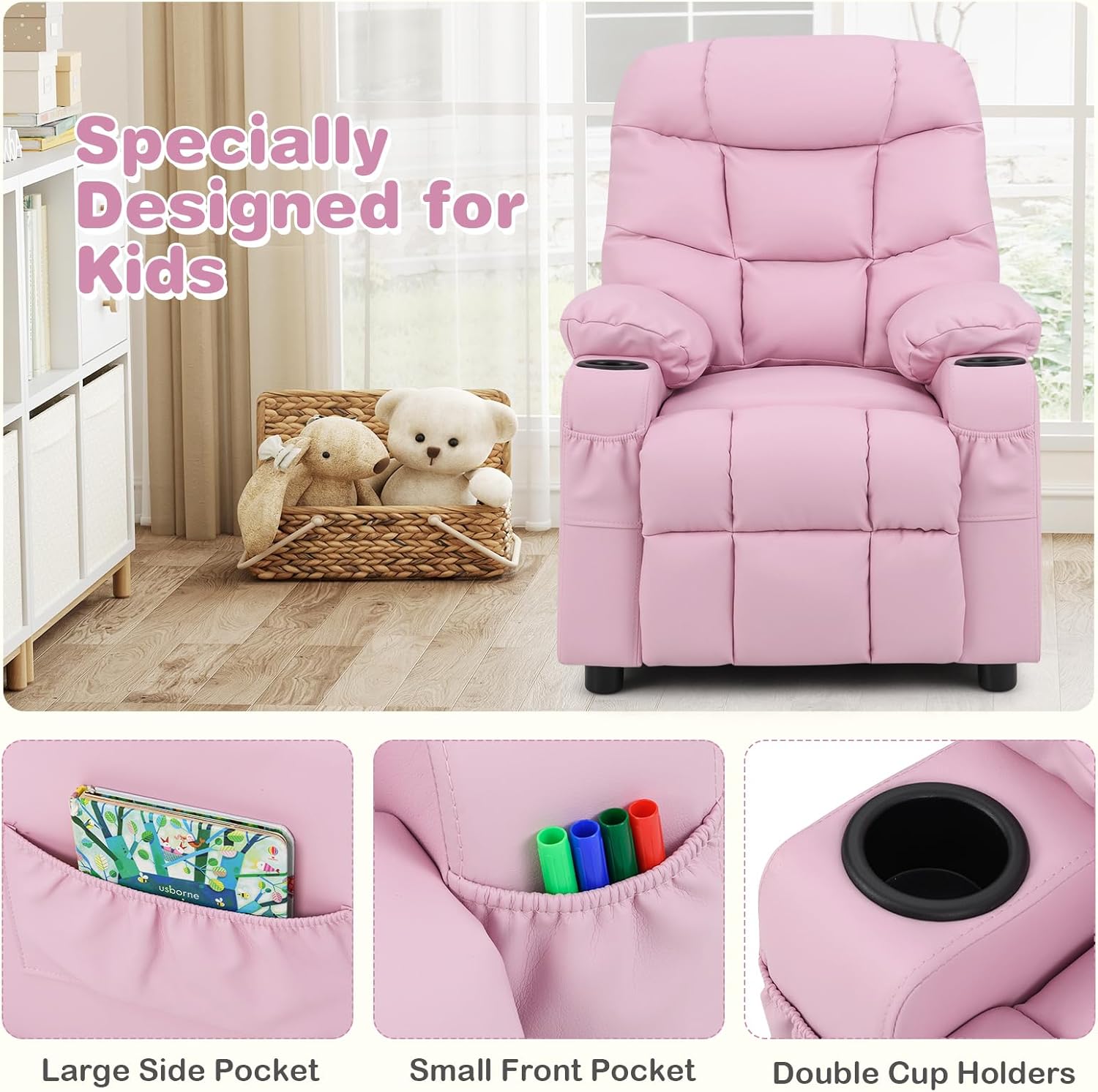 Kids Recliner, Kids Recliner Chair w/ 2 Cup Holders, PU Leather Chairs Comfy w/Adjustable Backrest & 3 Pockets, Toddler Furniture Sofa for Boys Girls Aged 3+