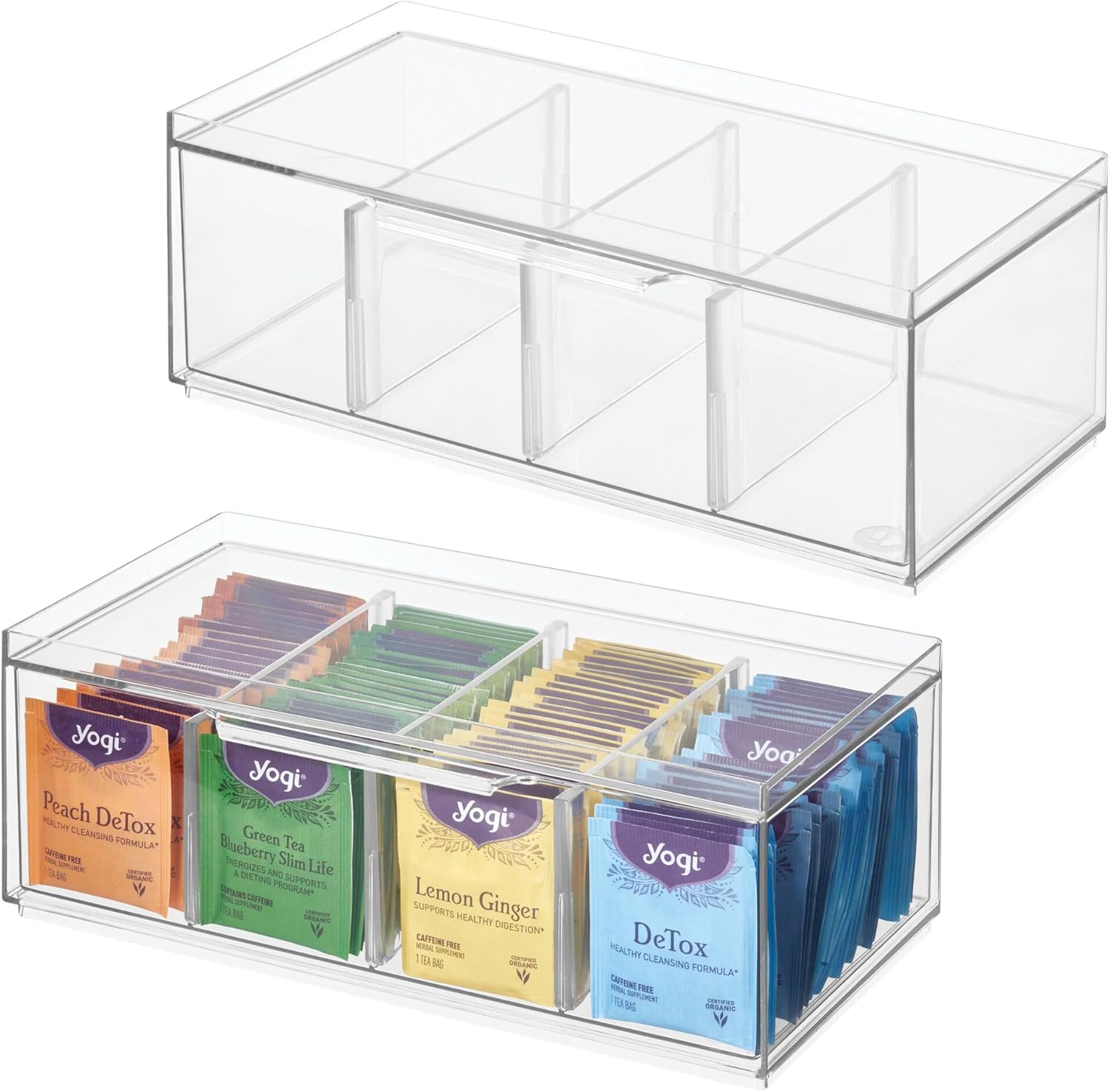iDesign XL Tea Bag Organizer for Counter, 4-Section Clear Stackable Tea Storage Drawer for Cabinet, 2-Pack