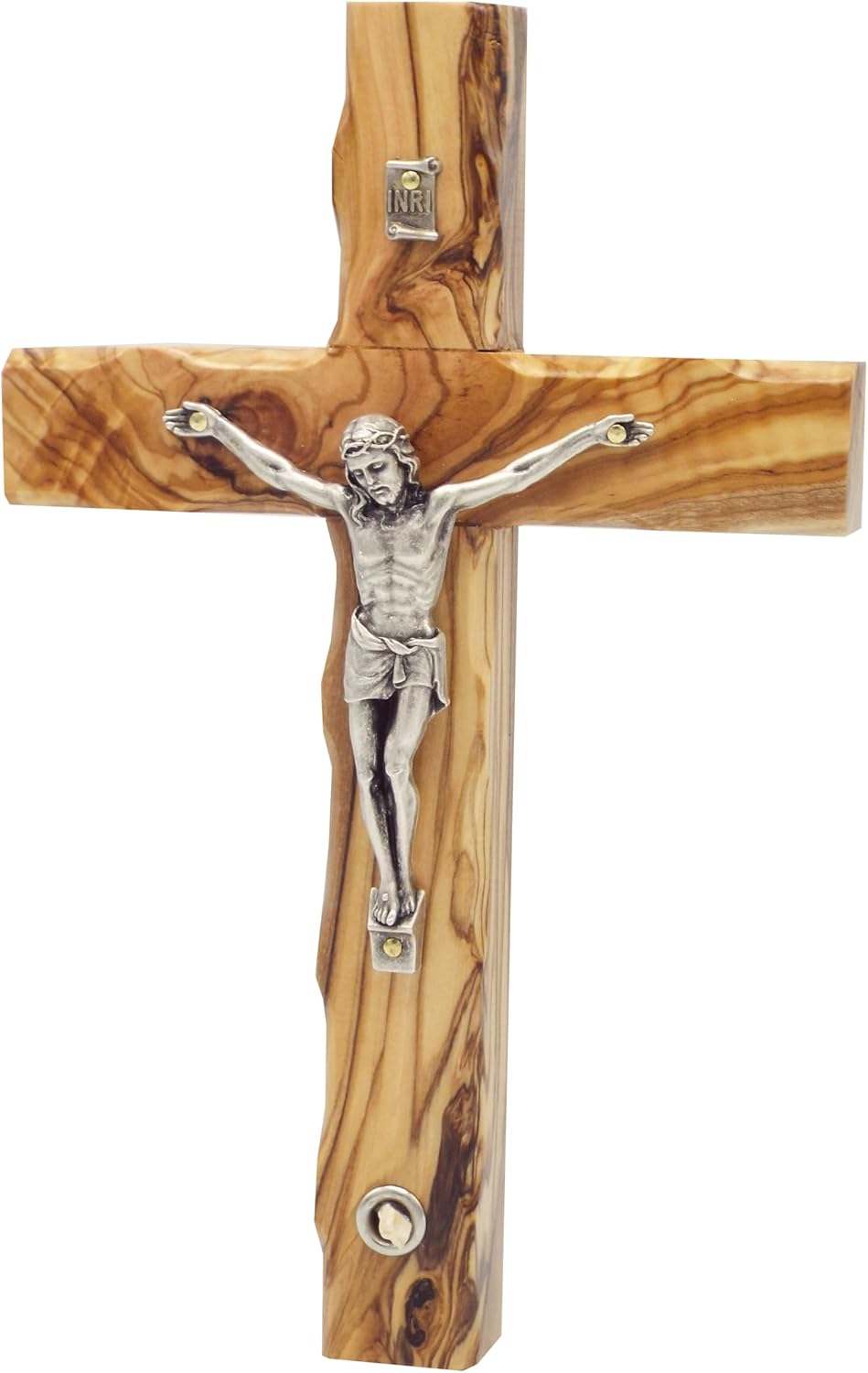 King David Market Olive Wood Crucifix Cross (8 Inch), Wall Hanging Christian Crucifix Featuring a Decorative Natural Stone from Jerusalem, Handcrafted Religious Décor