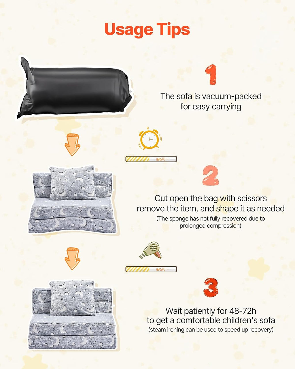 VEVOR 3-in-1 Kids Sofa, Foldable Toddler Soft Couch, Glow in The Dark Kids Couch Fold Out with 28D Sponge & Flannel Fabric, Convertible Toddler Chair to Lounger for Reading, Playing, Gaming, M, Gray
