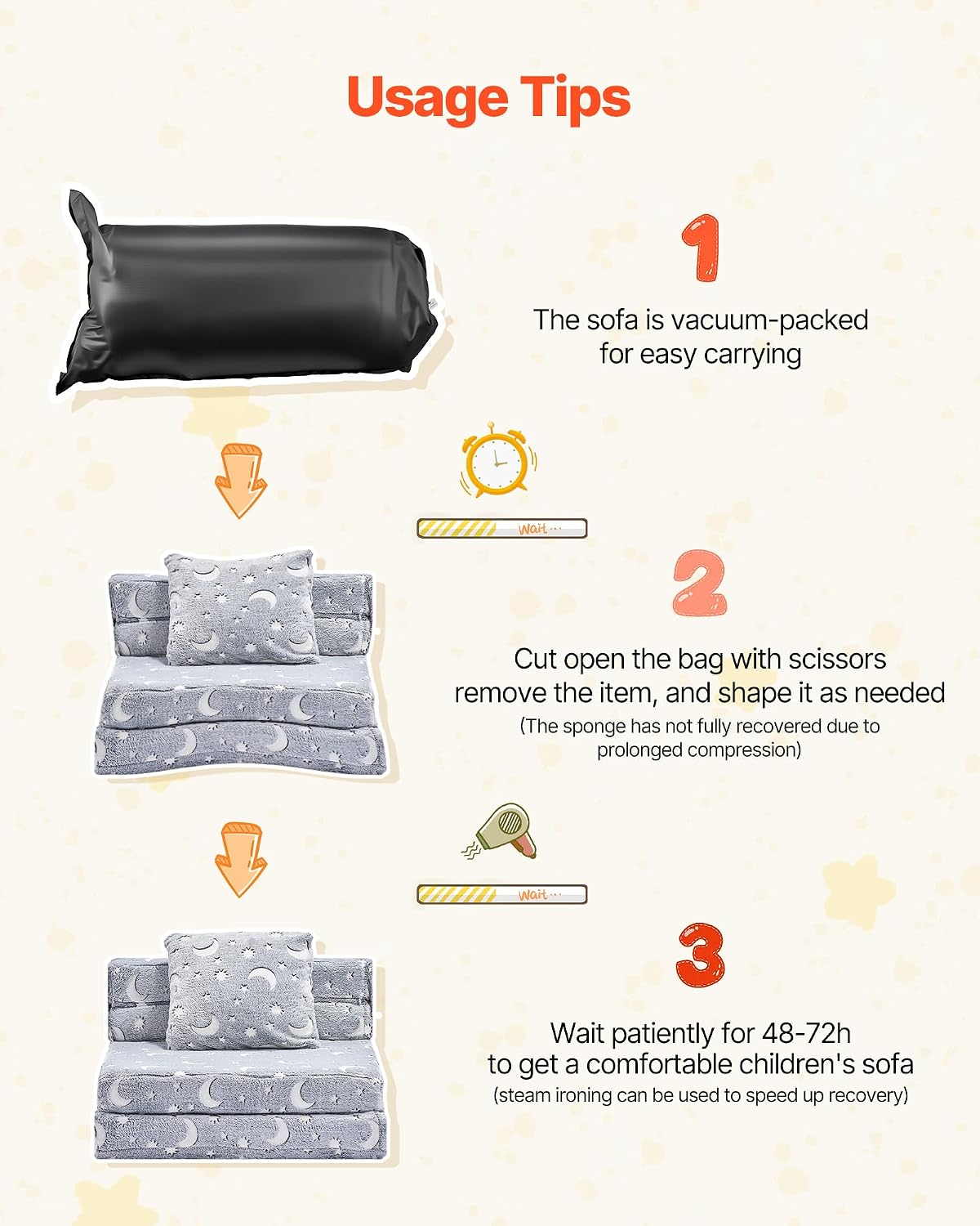 VEVOR 3-in-1 Kids Sofa, Foldable Toddler Soft Couch, Glow in The Dark Kids Couch Fold Out with 28D Sponge & Flannel Fabric, Convertible Toddler Chair to Lounger for Reading, Playing, Gaming, M, Gray
