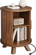 Round End Table with Storage - Fluted Side Table with Charging Station, Wood Nightstand with Sliding Tambour Door for Bedroom, Accent End Tables Living Room, Modern Bedside Table, Walnut