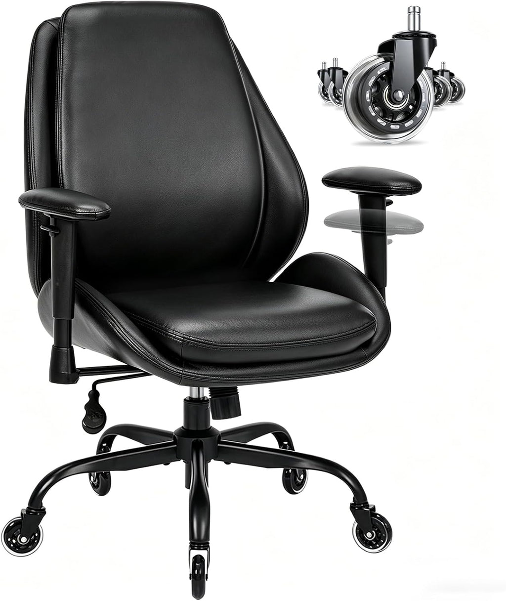 BEWISHOME Office Chair with Rubber Wheels, Big and Tall Office Chair, Ergonomic Office Chairs, Executive Desk Chair, Black PU Leather Computer Comfy Chairs with Lumbar Support, Adjustable Armrests