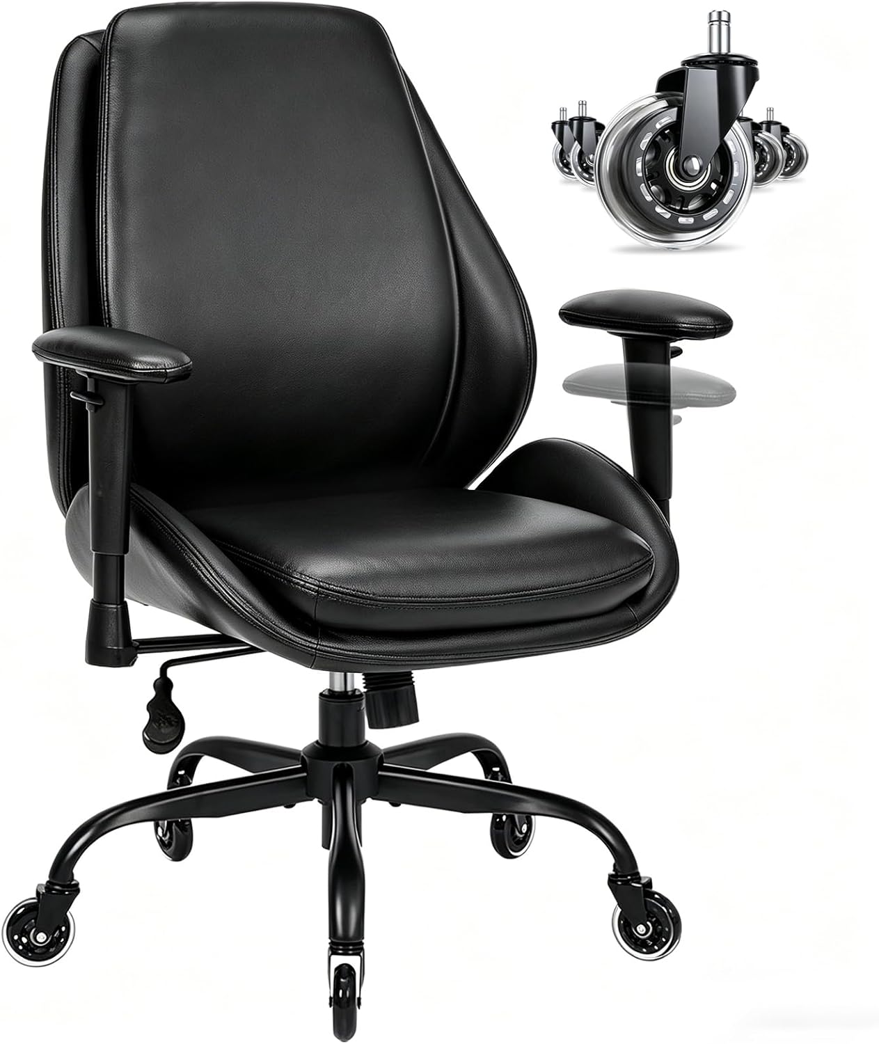 BEWISHOME Office Chair with Rubber Wheels, Big and Tall Office Chair, Ergonomic Office Chairs, Executive Desk Chair, Black PU Leather Computer Comfy Chairs with Lumbar Support, Adjustable Armrests