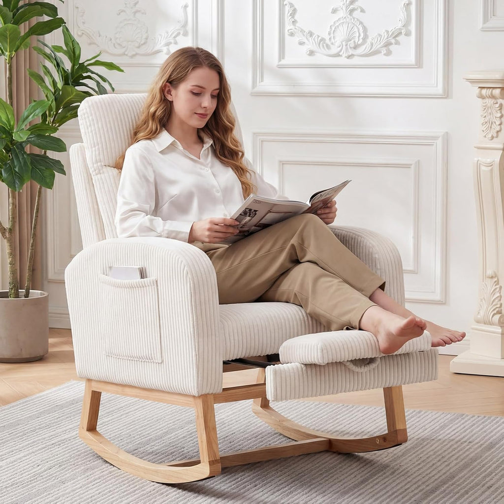 Nursery Rocking Chair, Corduroy Upholstered Rocking Chair with Adjustable Footrest, Tufted Rocker Chair with Side Pocket, Glider Rocker for Living Room, Bedroom