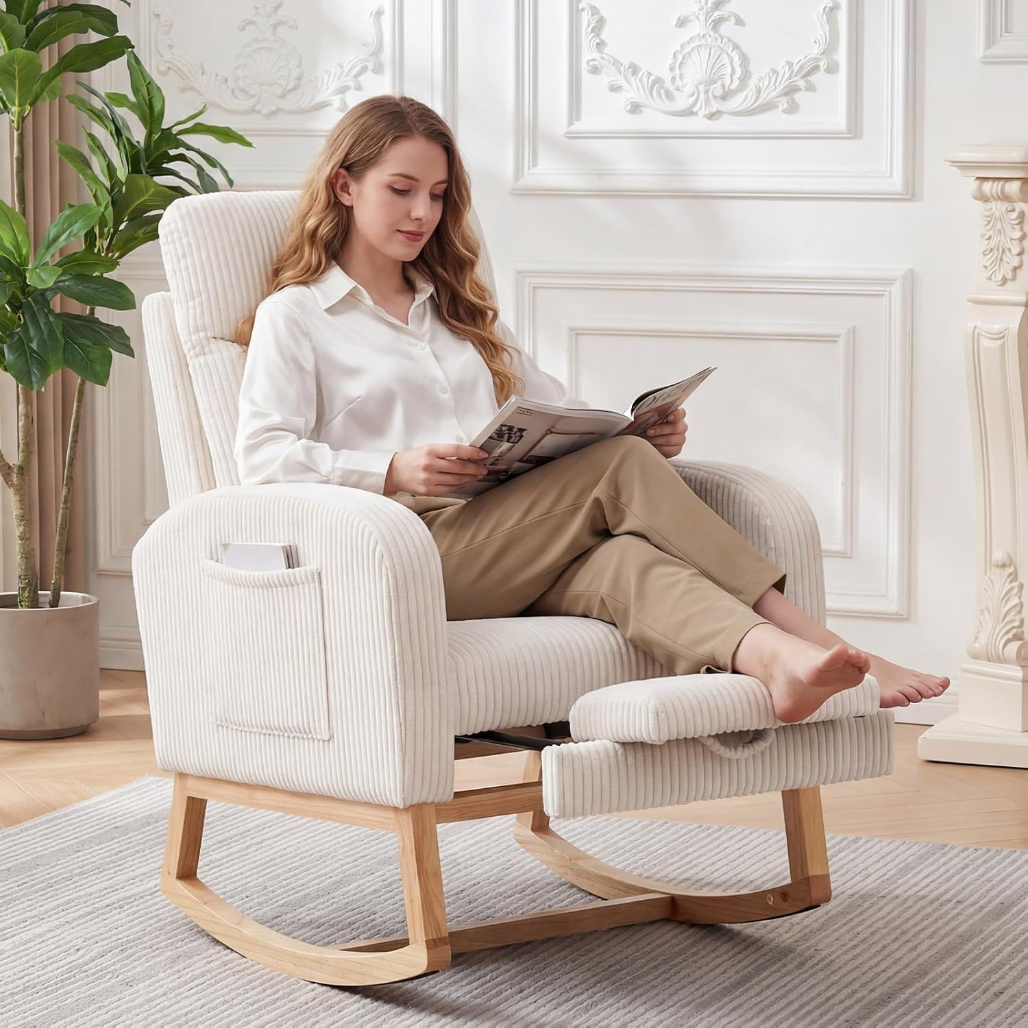 Nursery Rocking Chair, Corduroy Upholstered Rocking Chair with Adjustable Footrest, Tufted Rocker Chair with Side Pocket, Glider Rocker for Living Room, Bedroom