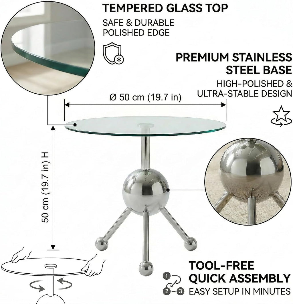 FT Global 19.7-Inch Round Glass End Table, Stainless Steel Sphere Tripod Base, Silver, Tool-Free Assembly
