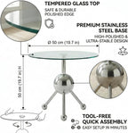 FT Global 19.7-Inch Round Glass End Table, Stainless Steel Sphere Tripod Base, Silver, Tool-Free Assembly