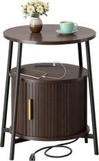 DHH Round End Tables with Charging Station, Fluted Accent Side Table with Sliding Door, Mid-Century Modern Nightstand for Small Space Storage, Living Room, Bedroom,Sofa Couch(1, Dark Walnut)
