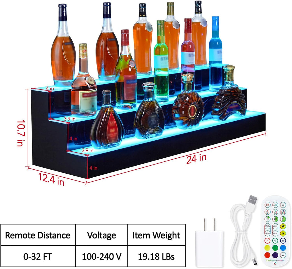 Liquor Bottle Display Shelf, 24 in Acrylic Lighted Bottle Display with Remote & App Control, 1-8 H Timing, 3-Tiers Bottle Stand Mulit-color Lighting for Home/Commercial Bar Display, Home Storage