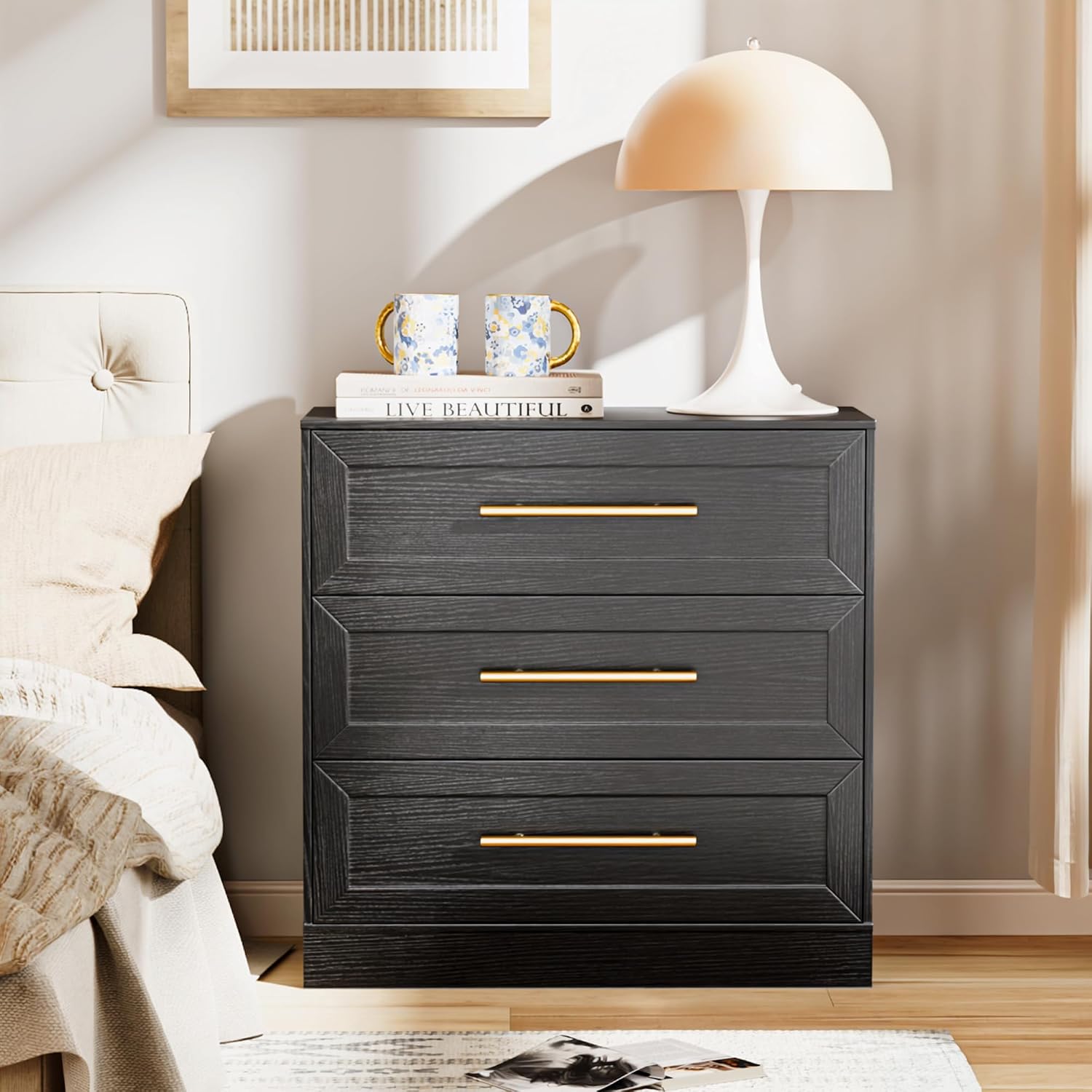 Anbuy Night Stand Large Bedside Side Table with 3 Drawers, Modern Wood Nightstand, Storage End Table with Golden Handles for Bedroom, Living Room (1 Piece, Black)