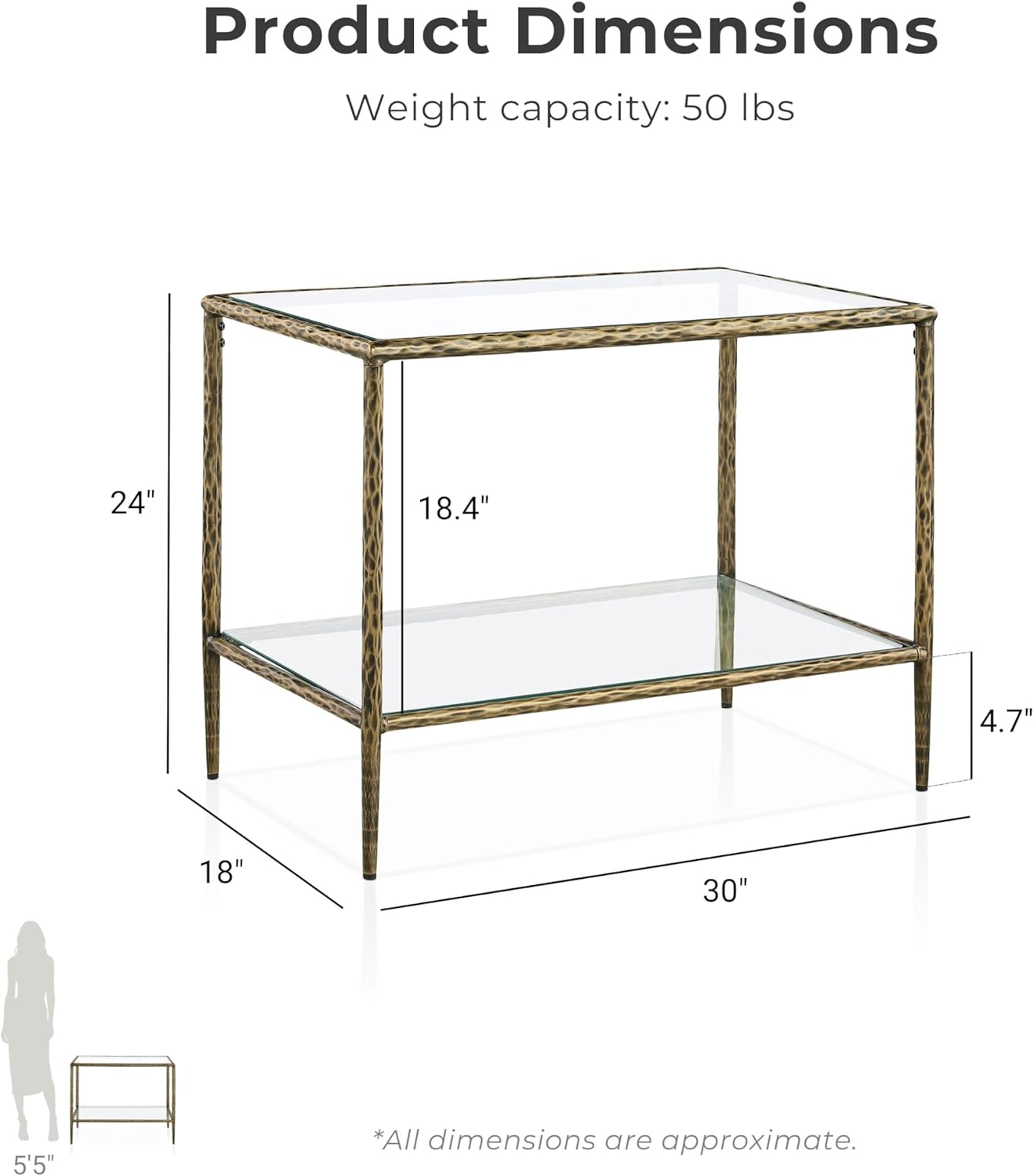 24/7 Shop at Home Lalia Modern 30-inch Metal End Table with Tempered Glass Top and Shelf, Hammered Steel Frame for Living Room, Matte Gold