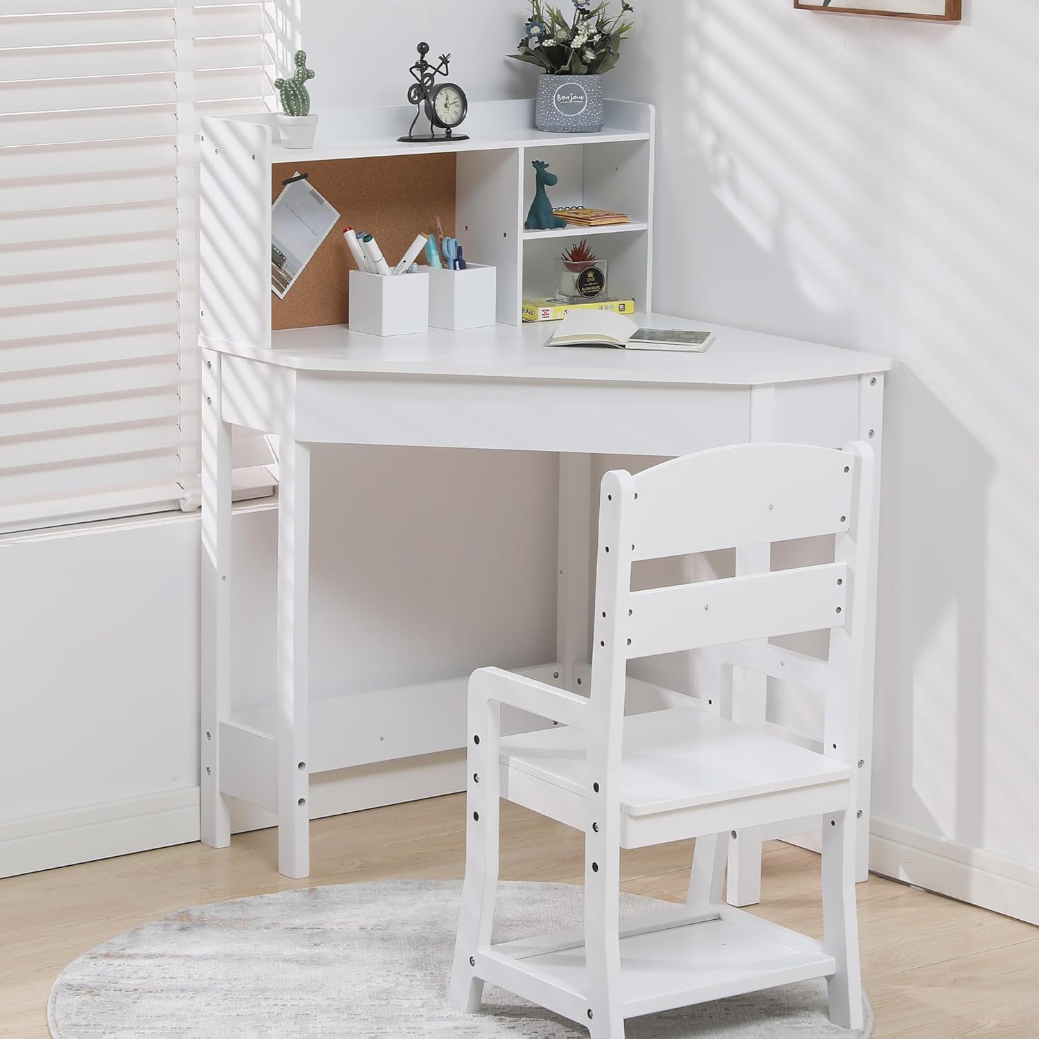 Garvee Kids Corner Desk, Desk and Chair Set for Children, L Shape Kids Study Table for Boys and Girls 3-8, White