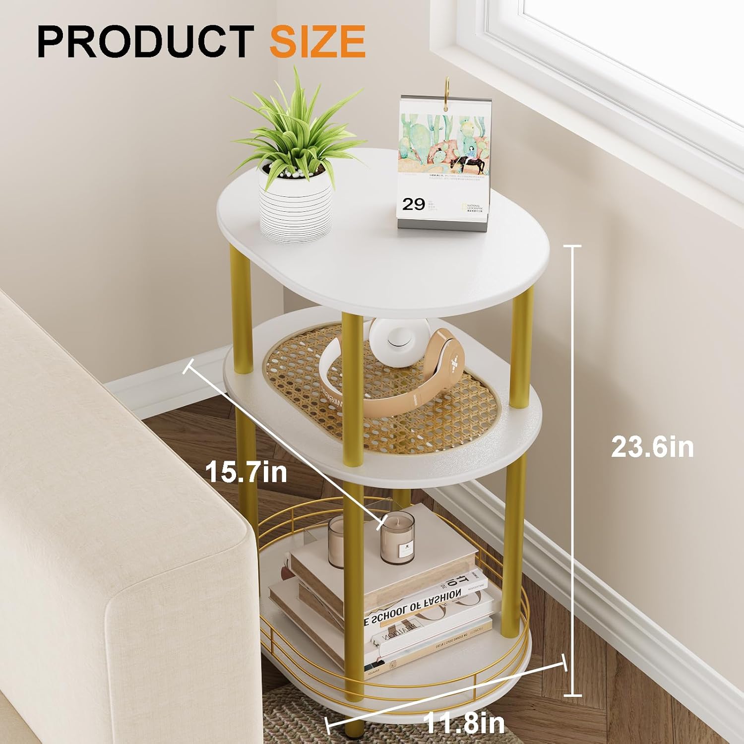 Small Rattan Side/Accent Table with Storage, 3 Tier Round/Oval End Table with Rattan Shelf & Metal Basket, Boho Nightstand, Tool Free Assembly/Screw-Hole Free Tabletop-Living Room Bedroom-Black