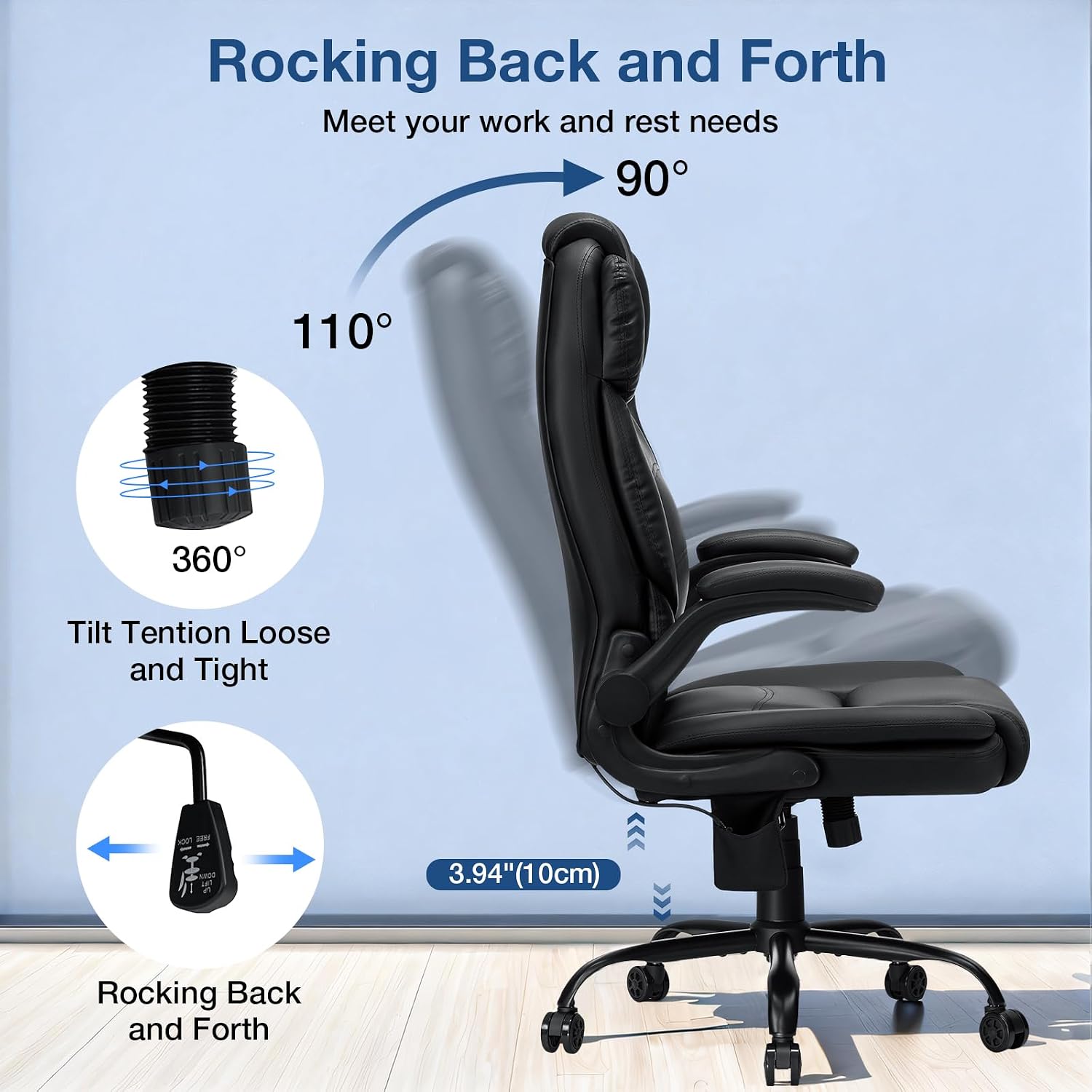 HOFFREE Executive Office Chair with Adjustable Lumbar Support,450lbs Heavy Duty Big & Tall PU Leather Ergonomic Desk Chair with Flip-up Armrests, Comfy Computer Chair for Home Office,Black