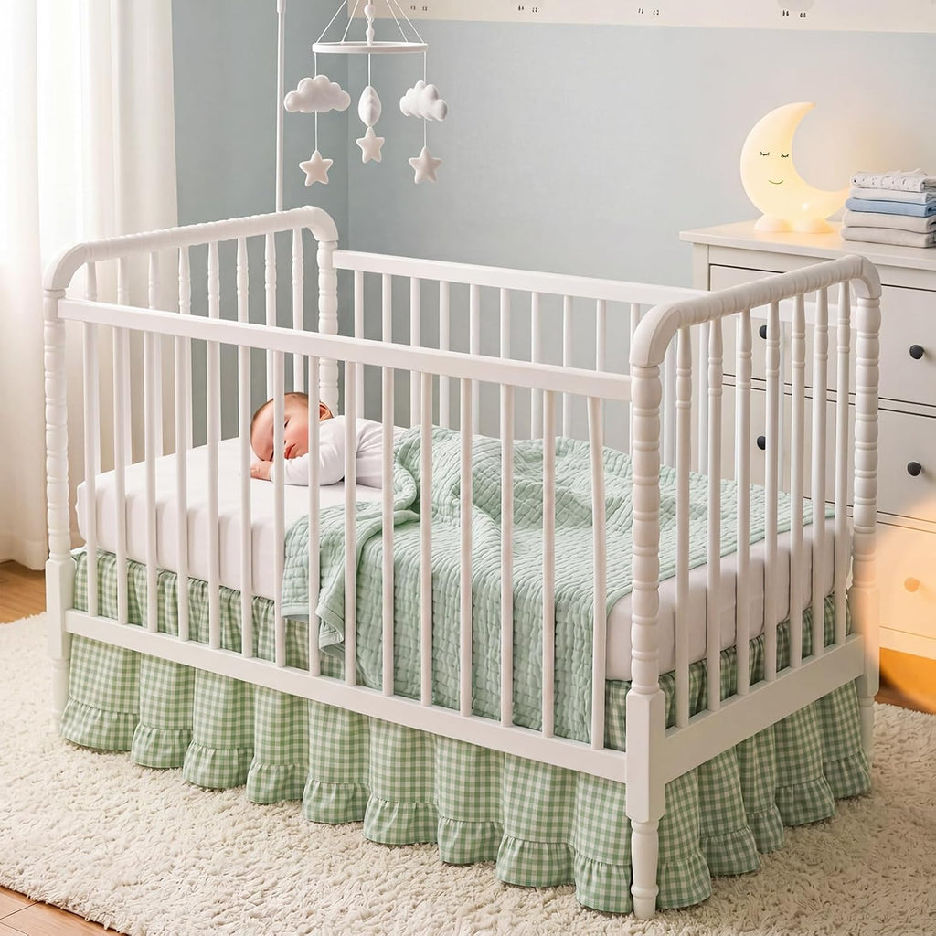 Gingham Crib Skirt Dust Ruffle 52 x 28 Inch 100% Washed Cotton Ruffle Plaid Baby Crib Bed Skirt Soft Farmhouse for Boys & Girls Nursery Bedding Decor, Fits Standard Cribs(Green)
