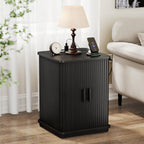 ONBRILL Square End Table with Storage & Charging Station, Fluted Accent Side Table with Sliding Door & Sturdy Pedestal, Mid-Century Modern Nightstand for Small Space, Living Room, Bedroom, Black