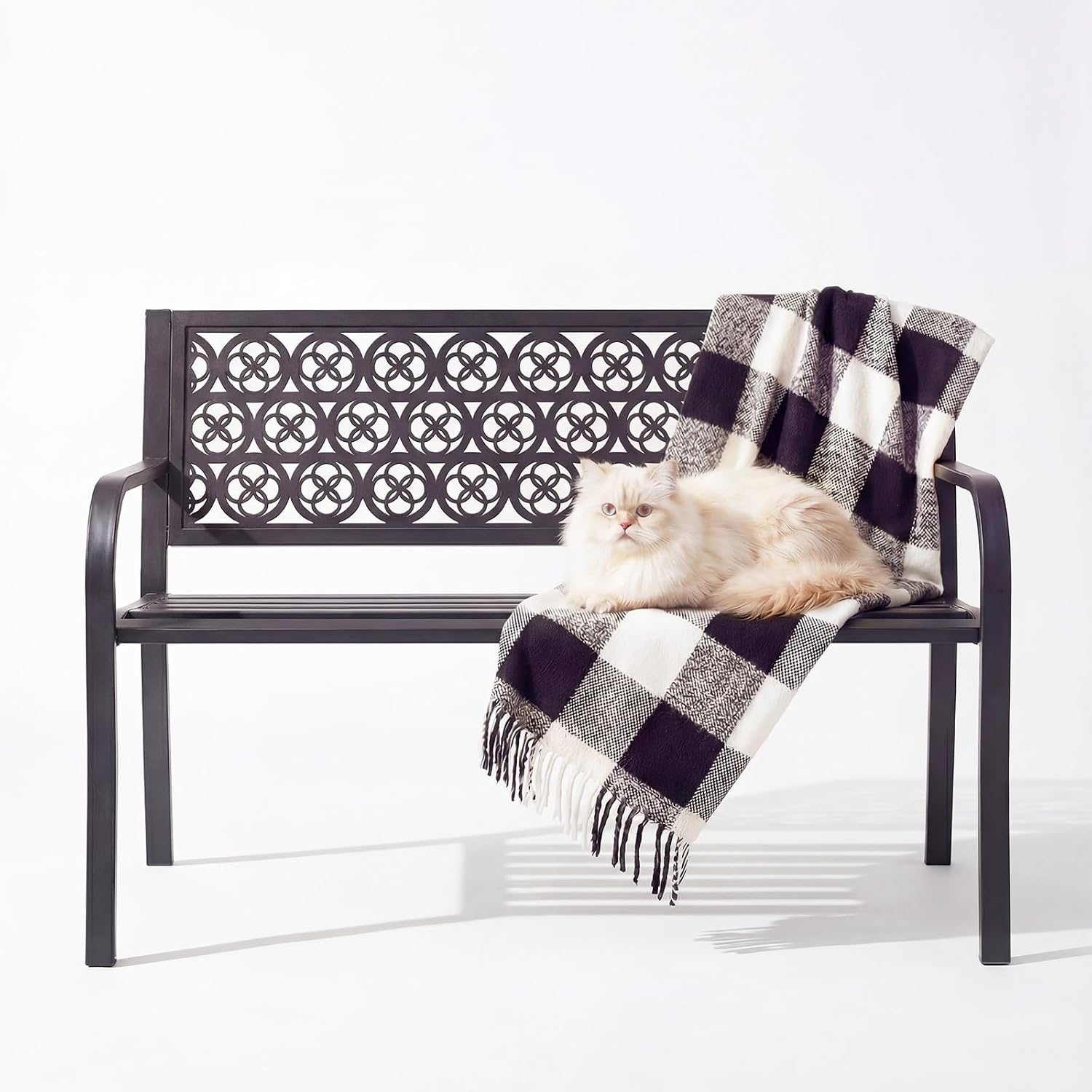 44" Outdoor Garden Bench, Iron Metal Frame Patio Bench with Backrest and Armrests, Weatherproof Anti-Rust Outdoor Bench for Front Porch, Park, Yard, Patio (411-Black)