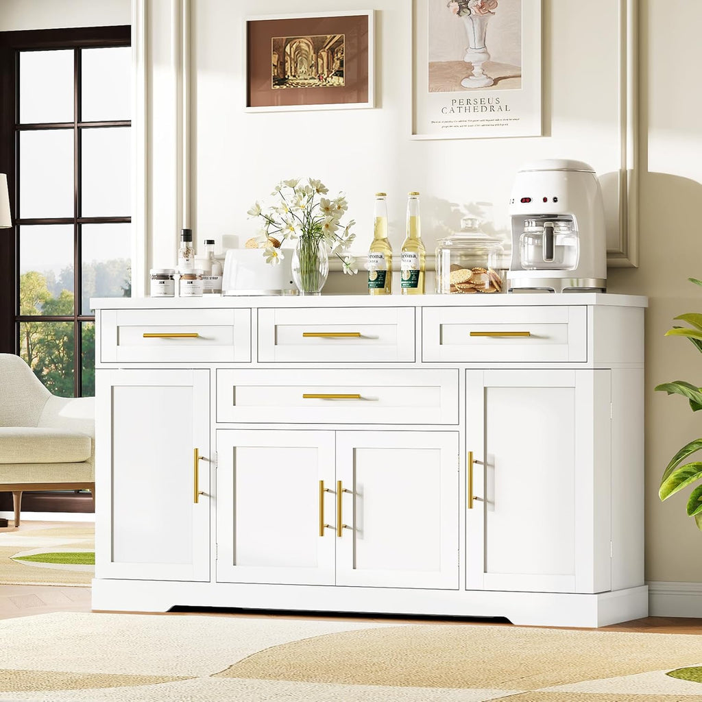 Concho 54" Buffet Cabinet with Storage, Kitchen Sideboards Small Coffee Bar Cabinet with 4 Drawers, Modern Kitchen Storage Cabinet for Living Room, Pure White