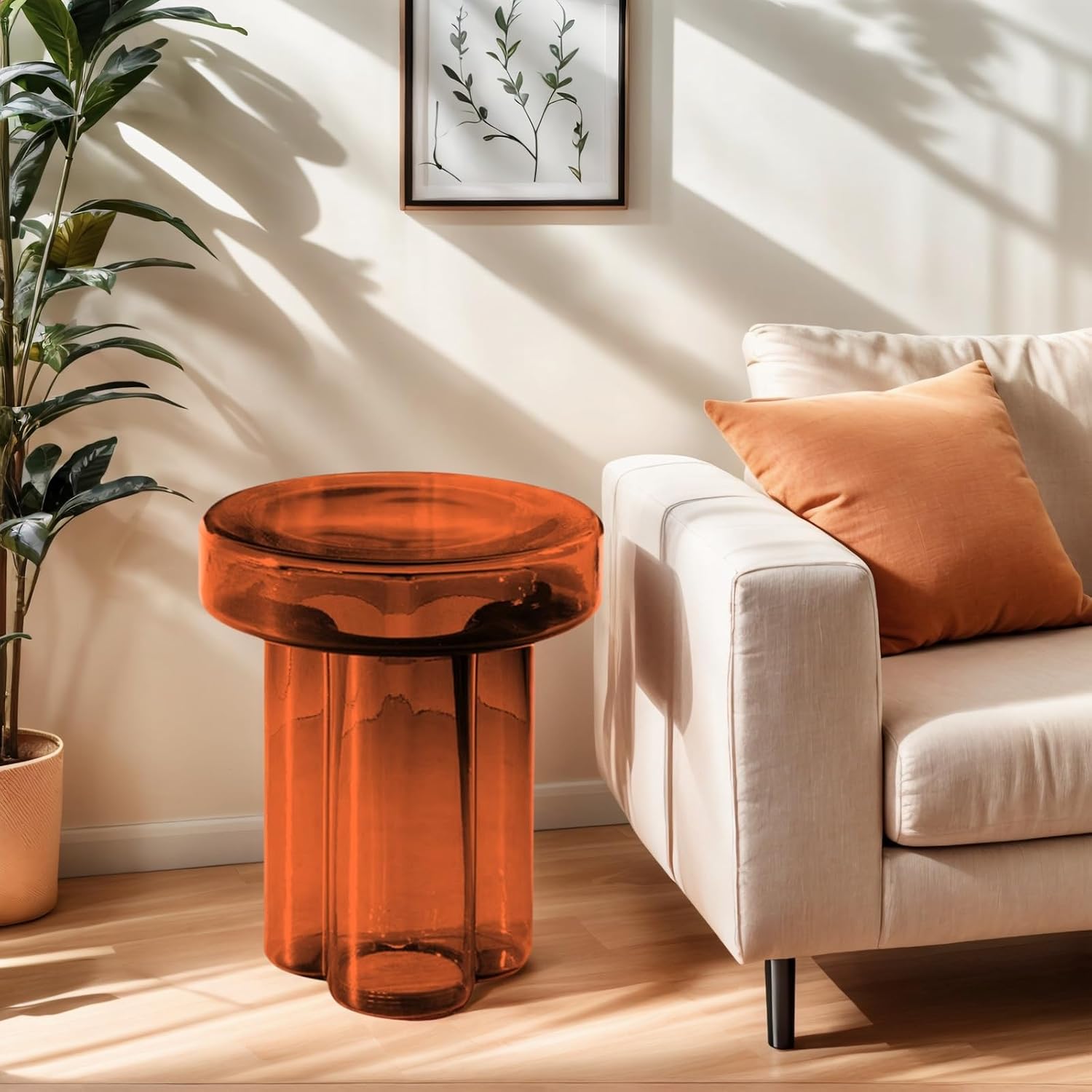 Hand Blown Tempered Glass Round Side Table Flame Shaped Modern End Table for Living Room Bedroom Office Small Space Accent Furniture