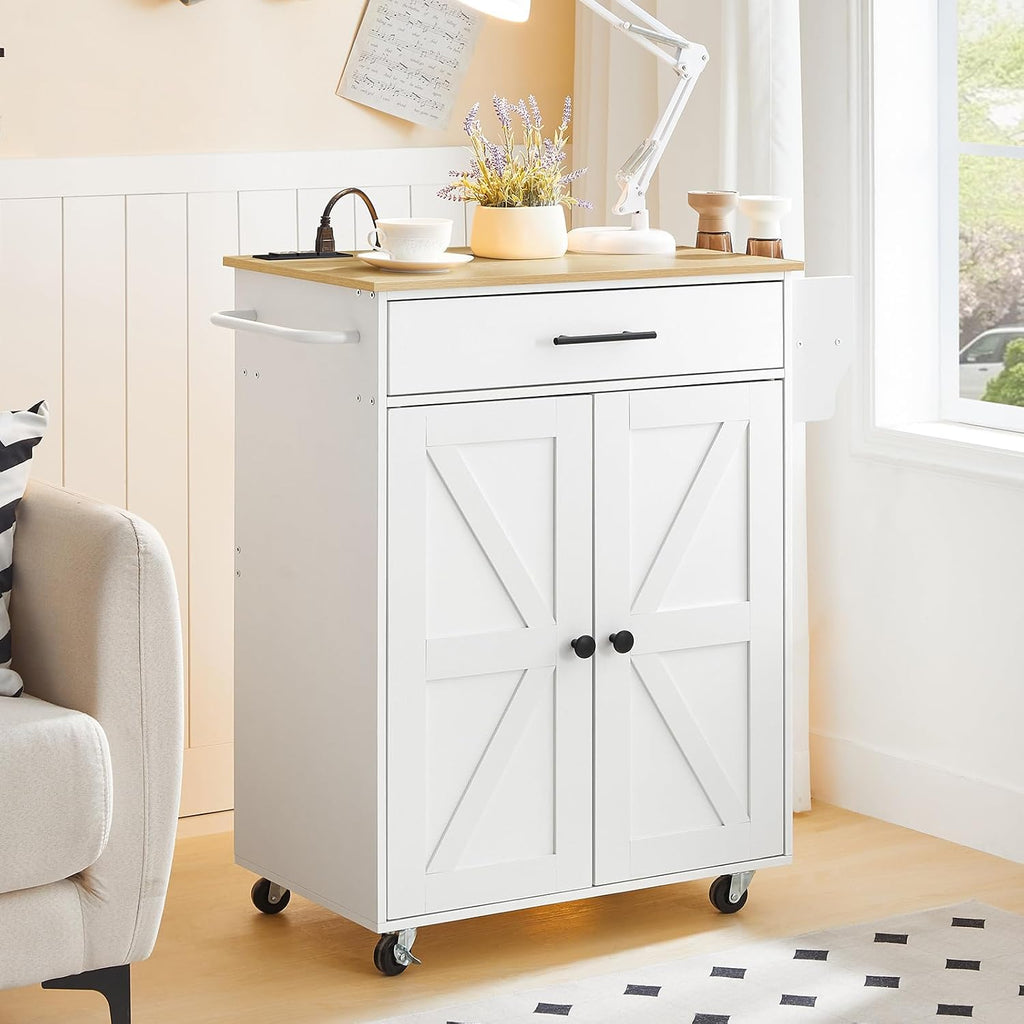 HOOBRO Kitchen Island with Power Outlet, Rolling Kitchen Island with Large Worktop, Kitchen Island Cart with Spice Rack and Drawer, Island Table for Dining Room, White and Natural WN88UZD01