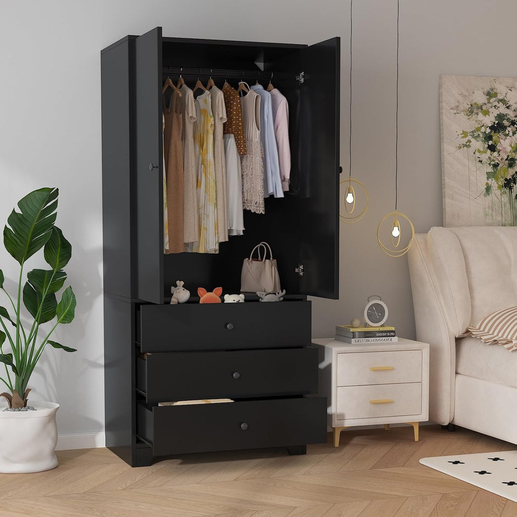 71" Armoire Wardrobe Closet, Bedroom Armoire Clothing Storage Cabinet | 3 Drawers & 2 Doors and Adjustable Shelves Modern Wooden with Aluminum Hanging Rod, Locker