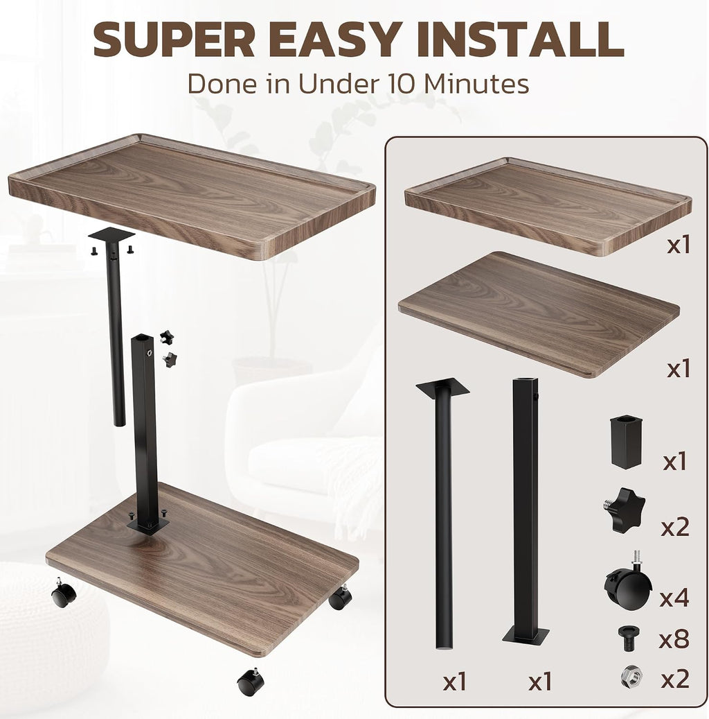 Large C-Shaped End Table, Swivel TV Tray, Couch Side Table Wood | Adjustable Height 360° Swivel, Slide Under Sofa, Multi-Use Couch/Bed/Overbed Table, Small TV Dinner Tray For Couch Dining