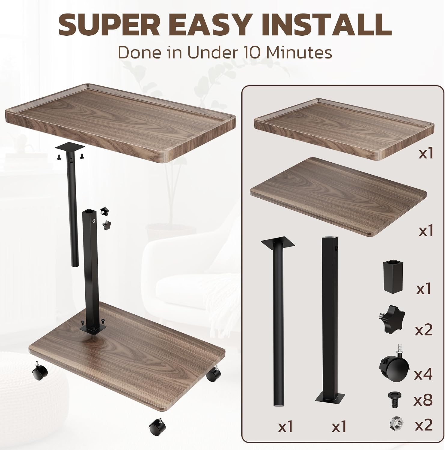 Large C-Shaped End Table, Swivel TV Tray, Couch Side Table Wood | Adjustable Height 360° Swivel, Slide Under Sofa, Multi-Use Couch/Bed/Overbed Table, Small TV Dinner Tray For Couch Dining