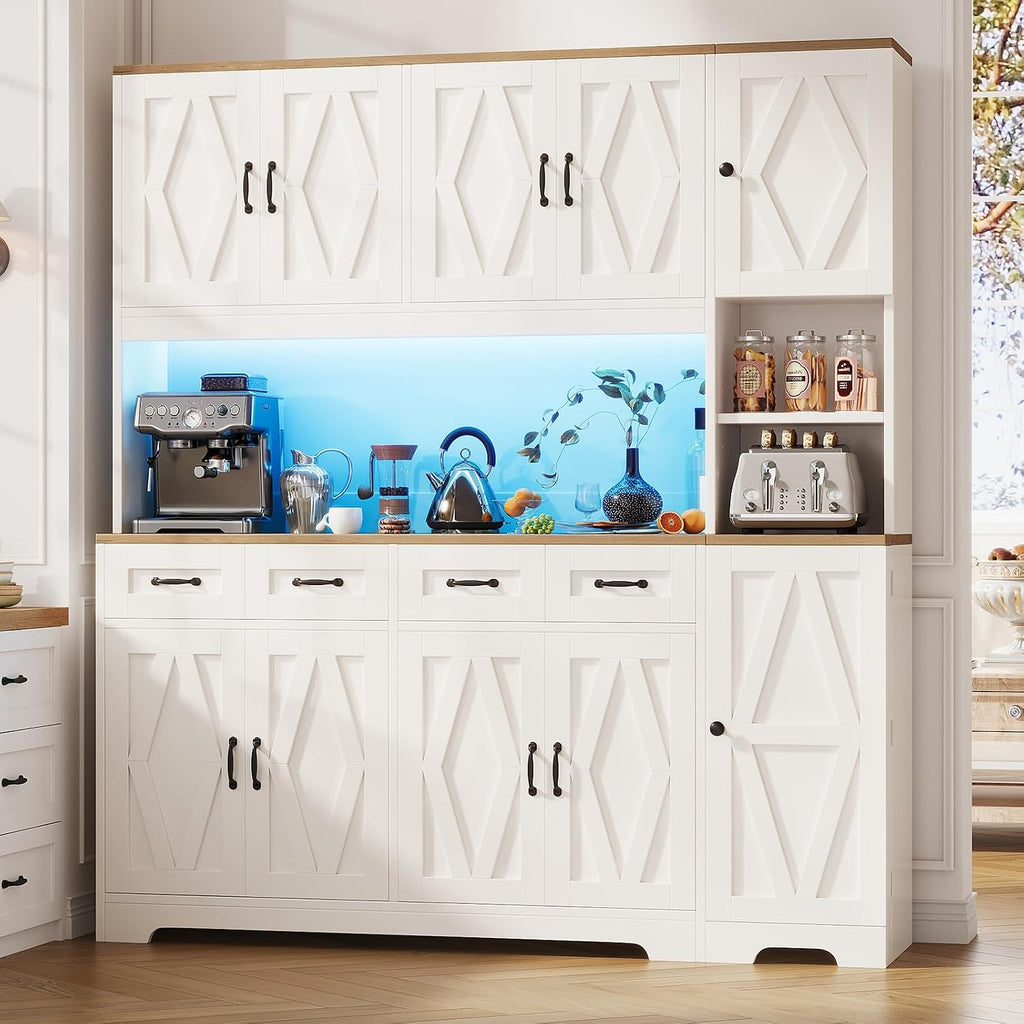 Kitchen Pantry Cabinet, 71" Farmhouse Coffee Bar Storage Cabinet with 6 Doors & 4 Drawers, Kitchen Storage Cabinet with Adjustable Shelves, Waterproof Pantry Cabinet for Dining Room, White