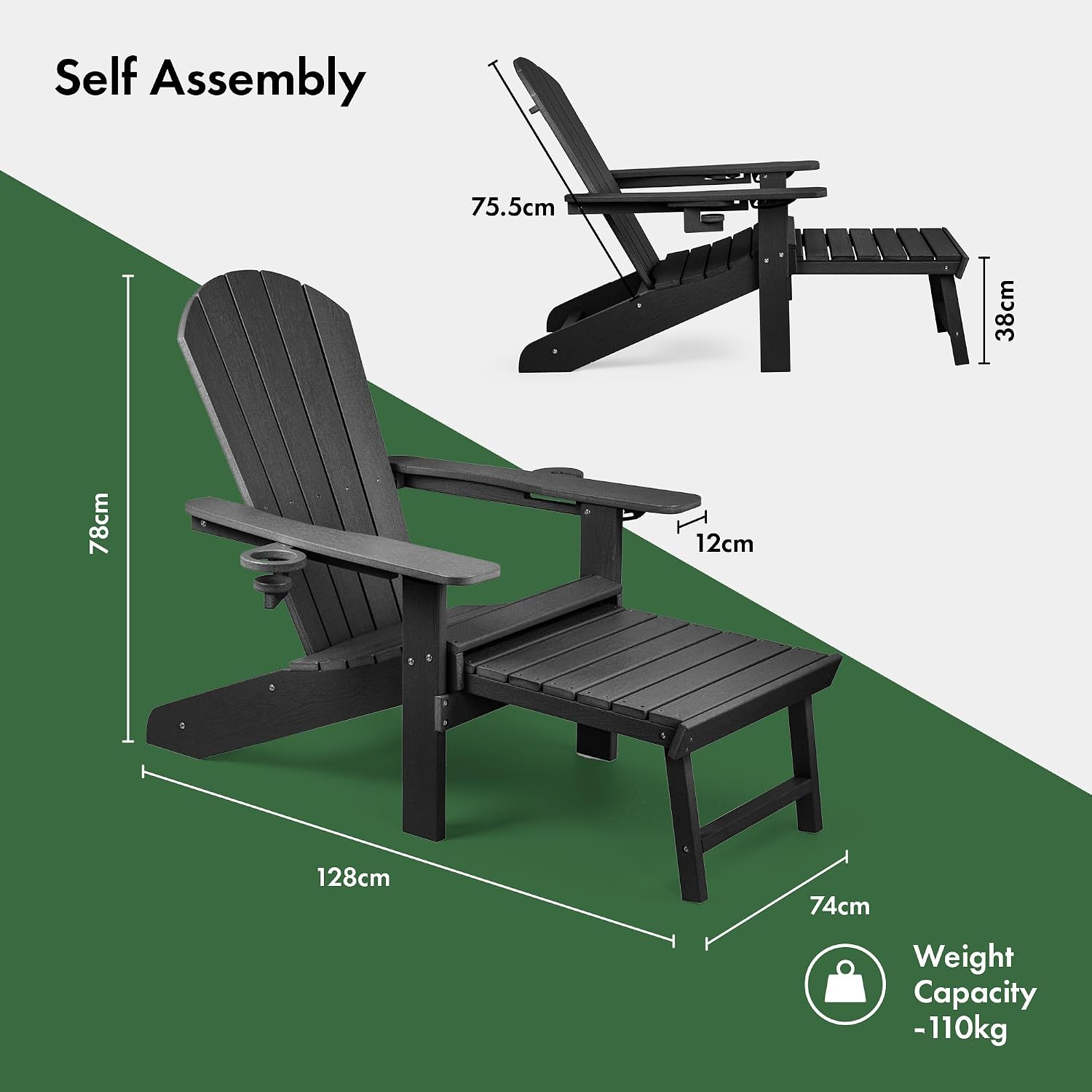 VonHaus Black Adirondack Chair Set of 2 - Reclining Slatted Style Garden Chair with Pull-out Footrest - Durable Weather Resistant HDPE Plastic Outdoor Armchair for Patio & Decking - Westport