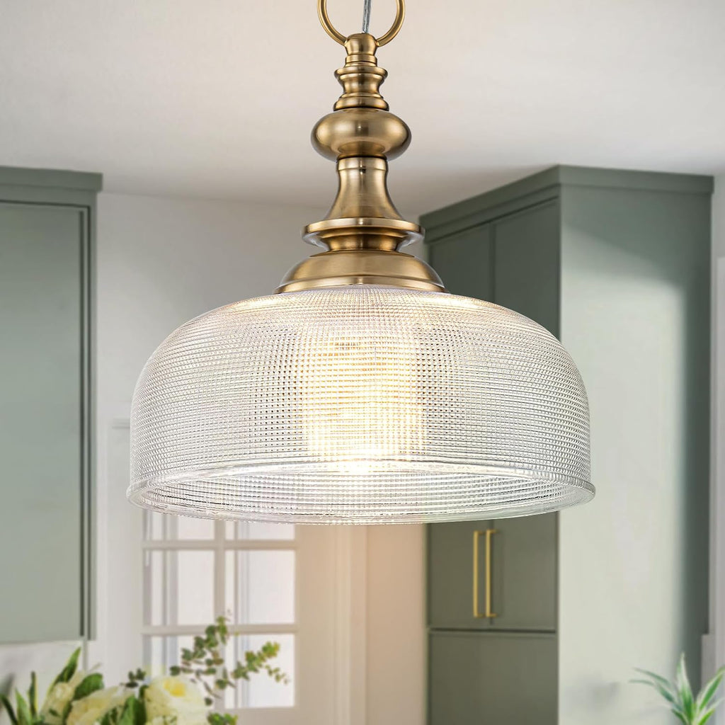 EDSILIVE Vintage Glass Pendant Lights Kitchen Island 10" Bowl Clear Glid Glass Hanging Ceiling Light Fixture with Brass Gold Finish for Dining Room Kitchen Table